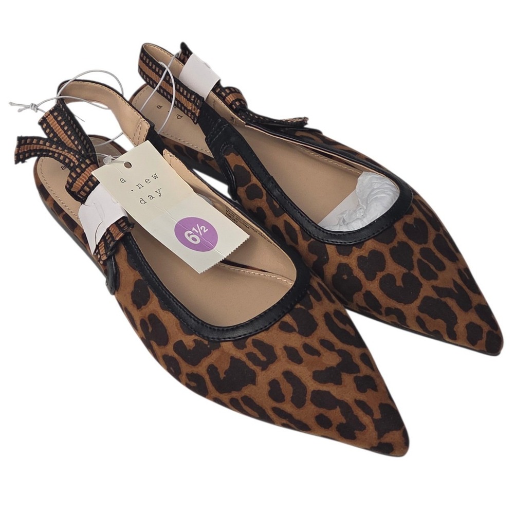 A New Day Slingback Flats Womens 6.5 Leopard Print Pointed Toe Ballet Shoes NWT